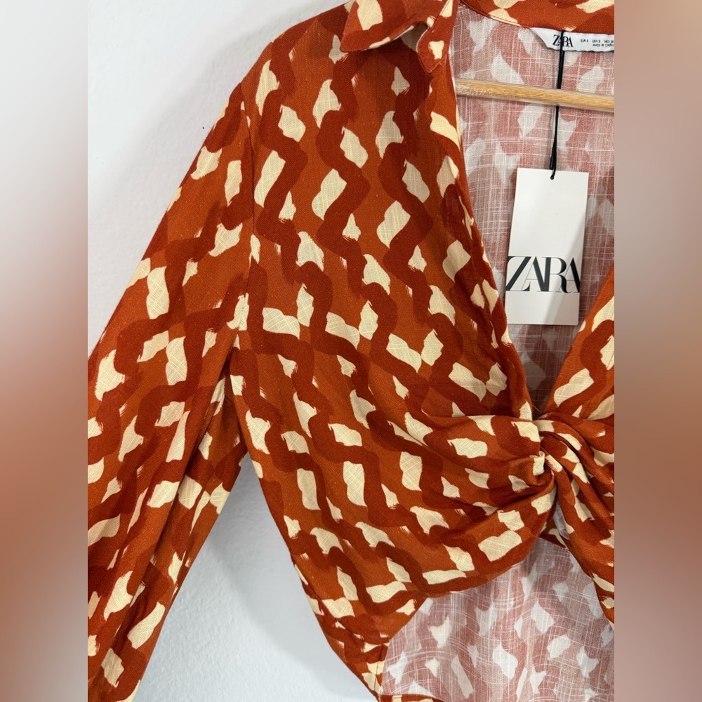 Zara Small Terracotta Print Linen Blend Twist Front Crop Top NWT Beaded Cuffs - Picture 11 of 16